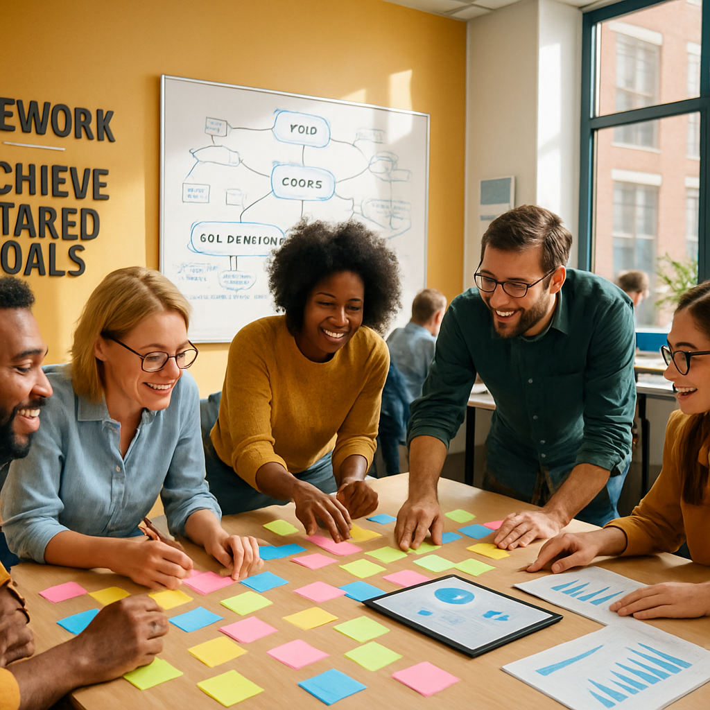 Teamvergadering waarbij teamleden samenwerken en communiceren met ondersteuning van Lumina Spark inzichten